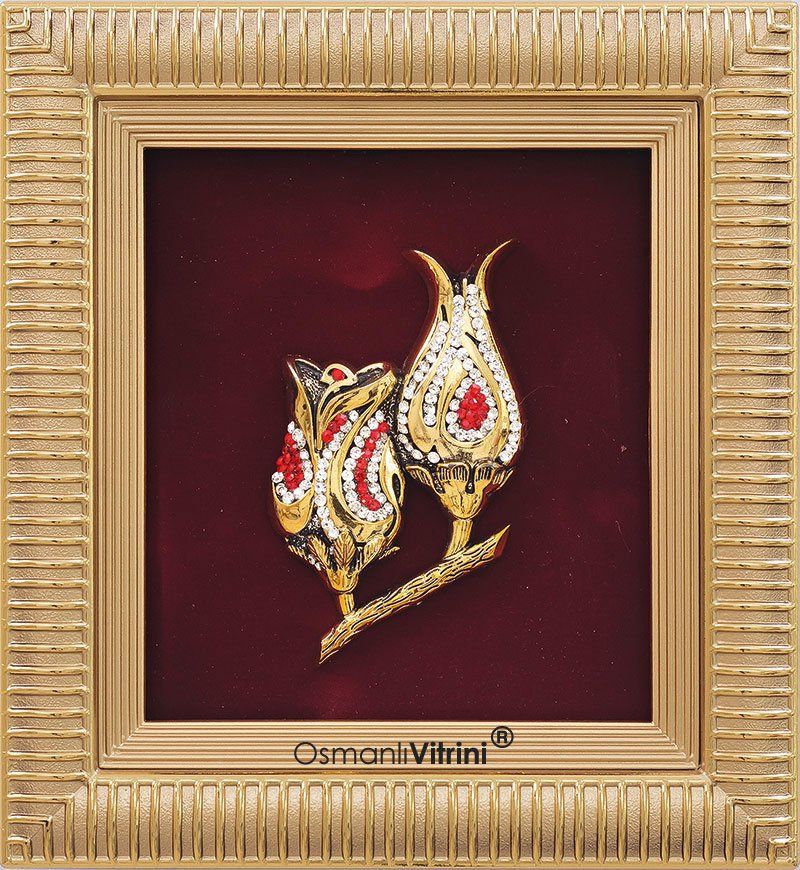 18 cm x 20 cm Ölçü Taşlı Dore Altın Renk Lalegül Tablo Çerçeve