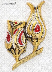 18 cm x 20 cm Ölçü Taşlı Beyaz Altın Renk Lalegül Tablo Çerçeve
