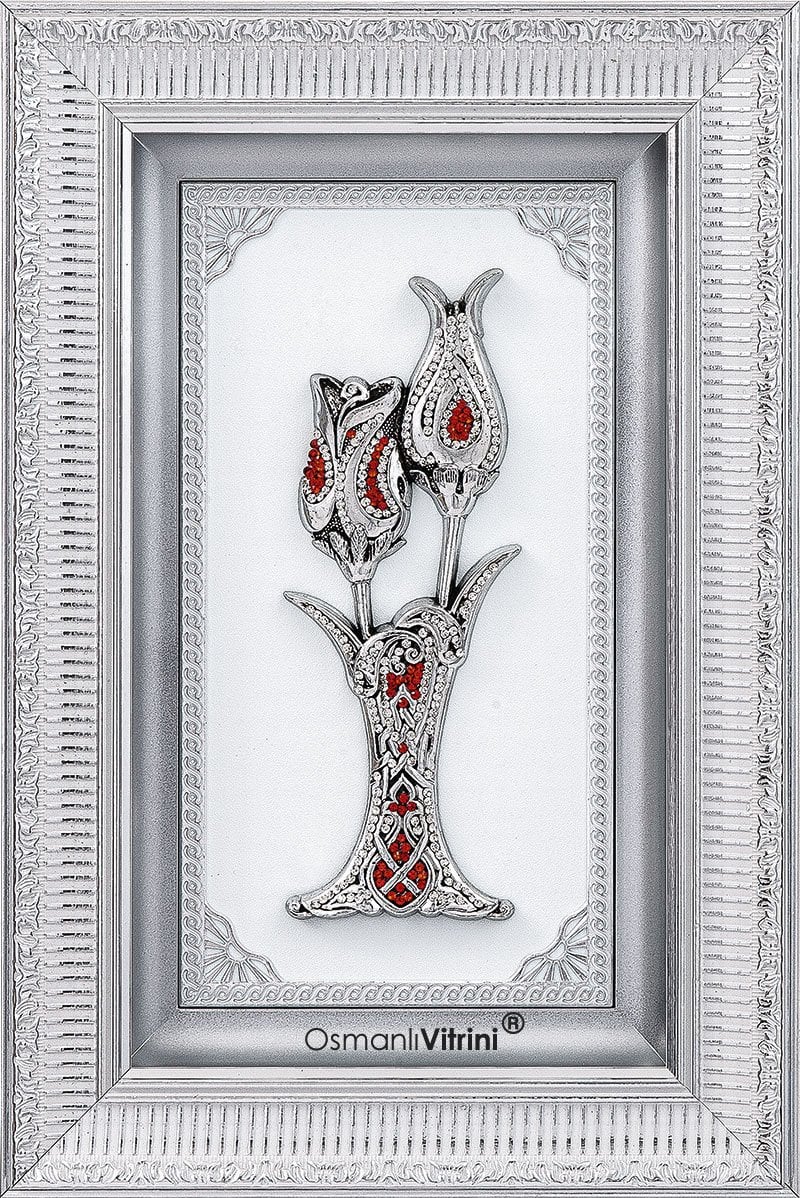 28 cm x 43 cm Taşlı Beyaz Gümüş Renk Lalegül Tablo Çerçeve