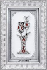 28 cm x 43 cm Taşlı Beyaz Gümüş Renk Lalegül Tablo Çerçeve