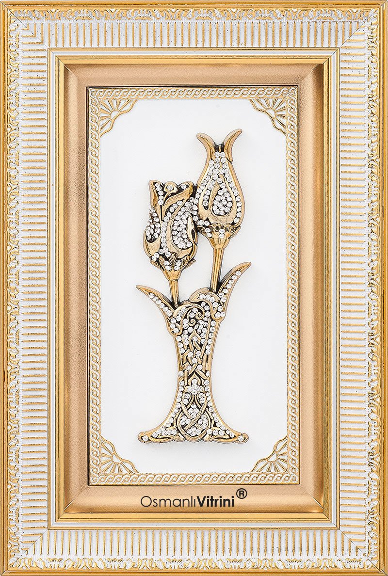 28 cm x 43 cm Taşlı Beyaz Altın Renk Lalegül Tablo Çerçeve