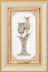 28 cm x 43 cm Taşlı Beyaz Altın Renk Lalegül Tablo Çerçeve