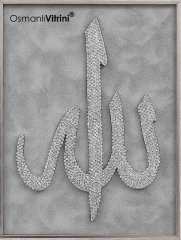 50 cm x 60 cm Taşlı Beyaz Gümüş Renk Allah Yazılı Tablo Çerçeve