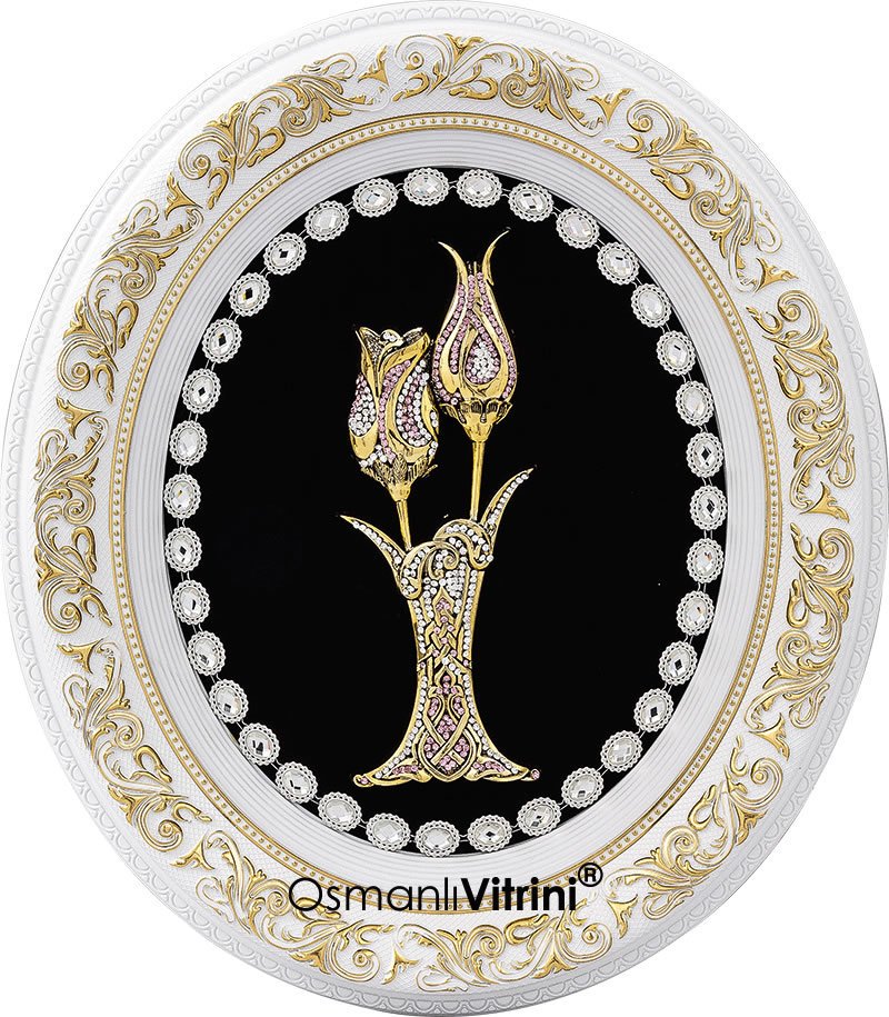 52 cm x 60 cm Taşlı Beyaz Altın Renk Lalegül Tablo Çerçeve