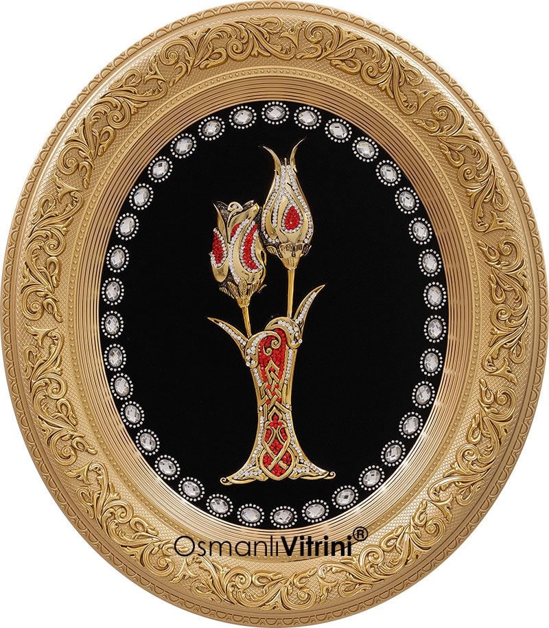 52 cm x 60 cm Taşlı Altın Renk Lalegül Tablo Çerçeve