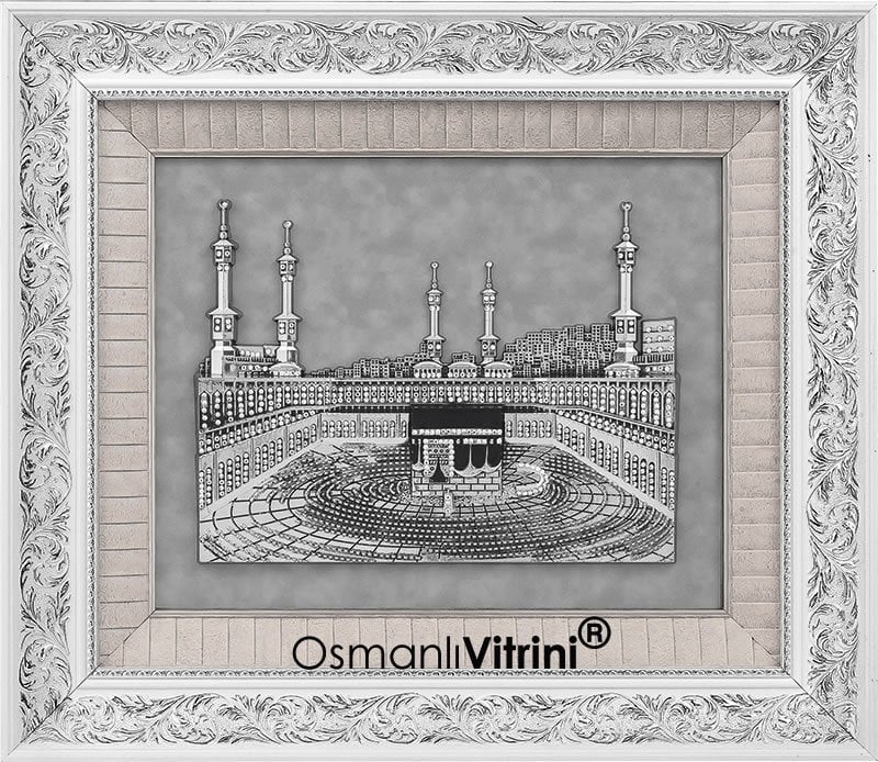 60 cm x 70 cm Taşlı Beyaz Gümüş Renk Kabartmalı Kabe Tablo Çerçeve