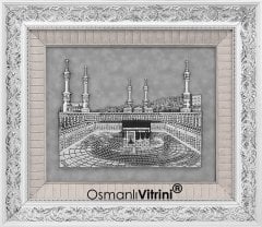 60 cm x 70 cm Taşlı Beyaz Gümüş Renk Kabartmalı Kabe Tablo Çerçeve