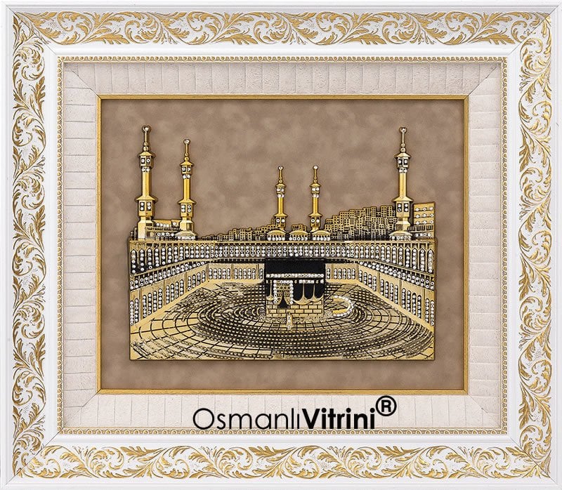 60 cm x 70 cm Taşlı Beyaz Altın Renk Kabartmalı Kabe Tablo Çerçeve