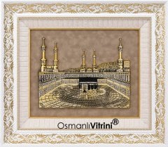 60 cm x 70 cm Taşlı Beyaz Altın Renk Kabartmalı Kabe Tablo Çerçeve