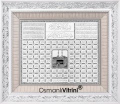 66 cm x 76 cm Beyaz Gümüş Renk Besmele Fatiha Ayetel Kürsi Esmaül Hüsna Kabe Tablo Çerçeve