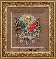 75 cm x 80 cm Taşlı Altın Renk Osmanlı Tuğrası Arması Tablo Çerçeve