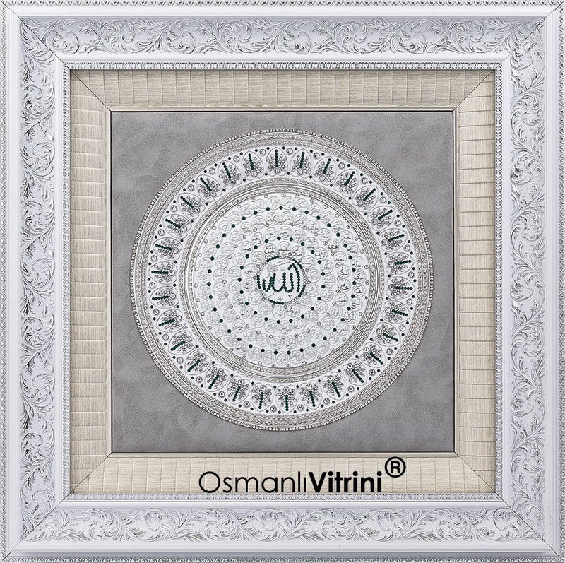 80 cm x 80 cm Tam Taşlı Beyaz Gümüş Renk Esmaül Hüsna Tablo Çerçeve
