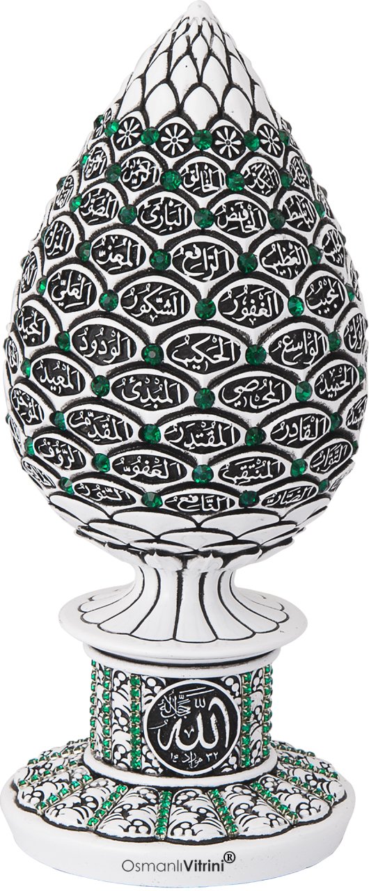 8 cm x 19 cm Taşlı Beyaz Yeşil Renk Esmaül Hüsna Yazılı Biblo