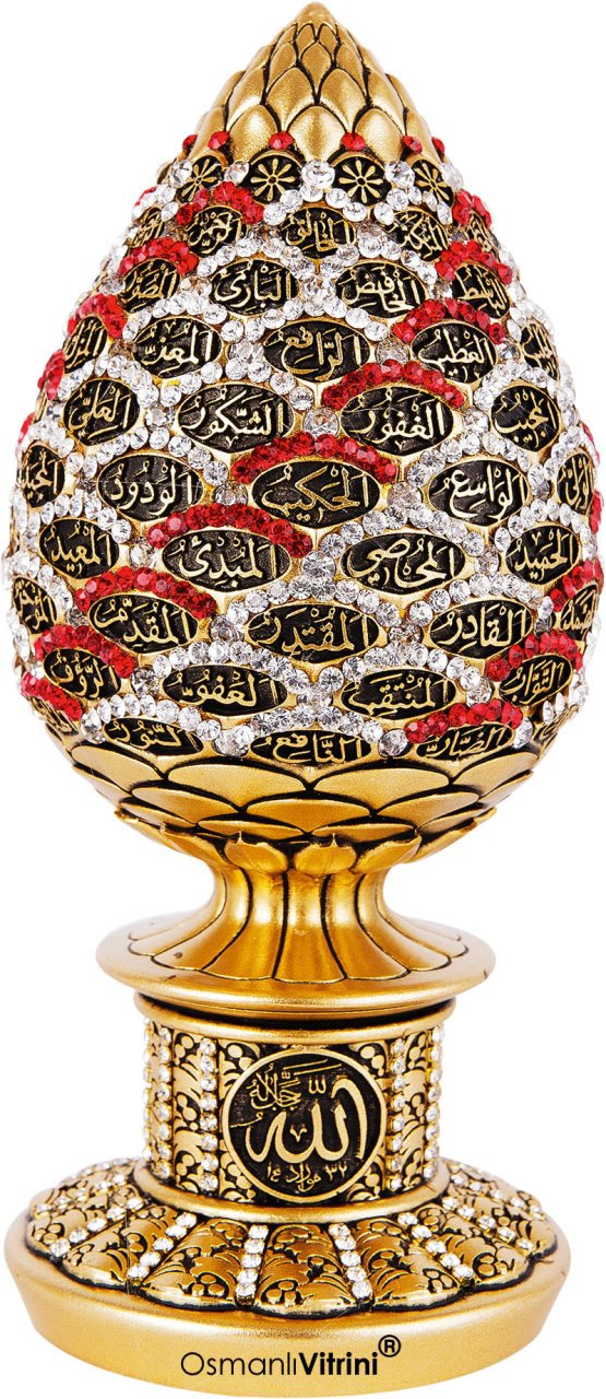 8 cm x 19 cm Tam Taşlı Altın Beyaz Kırmızı Esmaül Hüsna Yazılı Biblo
