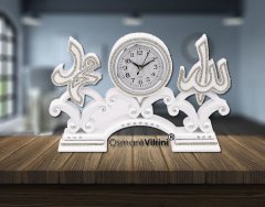 19 cm x 29 cm Taşlı Beyaz Renk Allah Hz.Muhammed Yazılı Saat Biblo