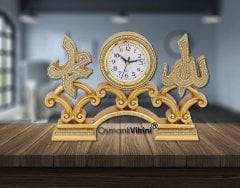 19 cm x 29 cm Taşlı Altın Renk Allah Hz.Muhammed Yazılı Saat Biblo