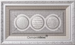 55 cm x 95 cm Beyaz Gümüş Ayetel Kursi & Nazar Duası & Bereket Duası Yazılı Tablo Çerçeve