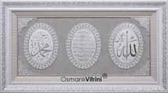70 cm x 120 cm Gümüş Renk Az Taşlı Ayet Kursi & İsmi Nebi & İsmi Celil Yazılı Tablo Çerçeve