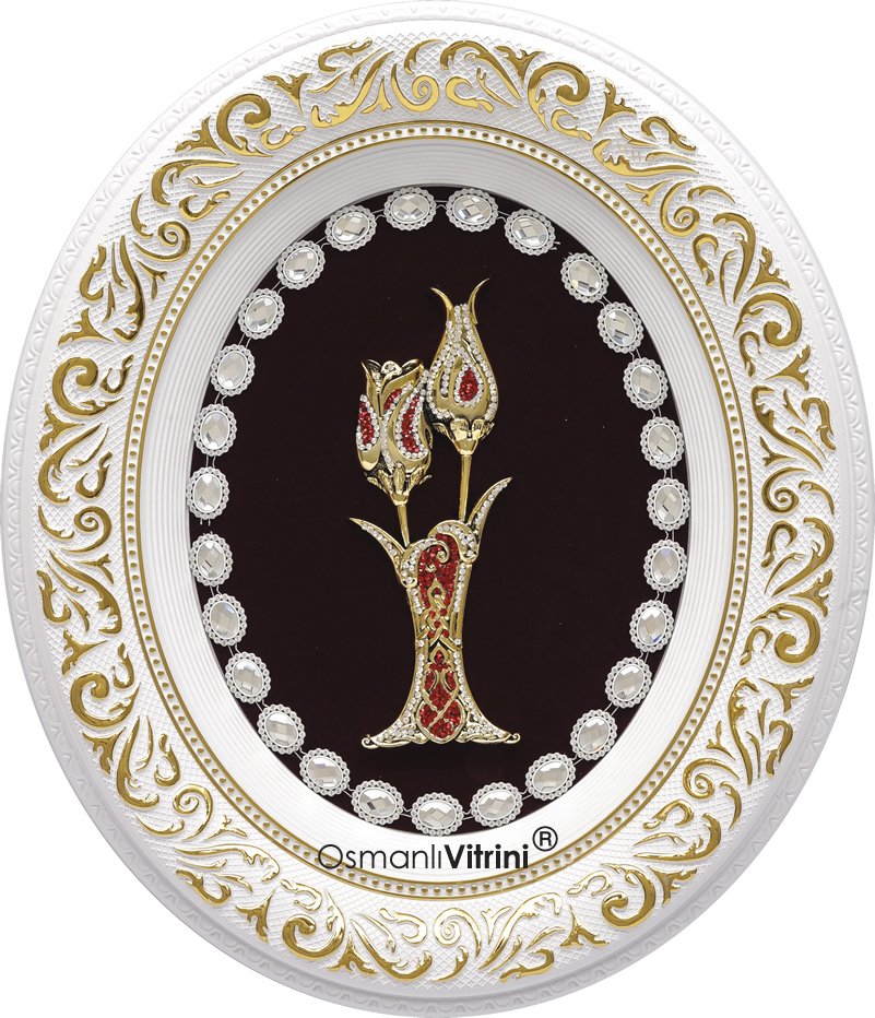 44 cm x 51 cm Beyaz Sarı Renk Taşlı Lalegül Tablo Çerçeve